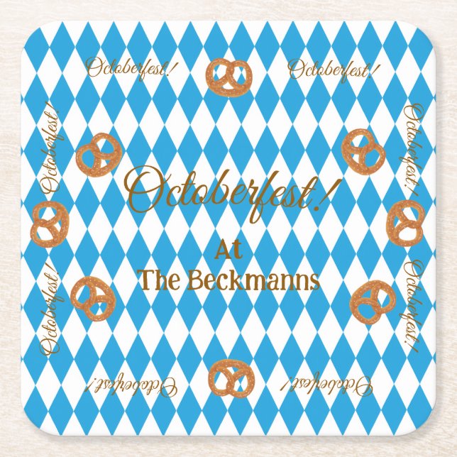 Blue Bavarian Octoberfest Pretzels PERSONALIZE Square Paper Coaster (Front)
