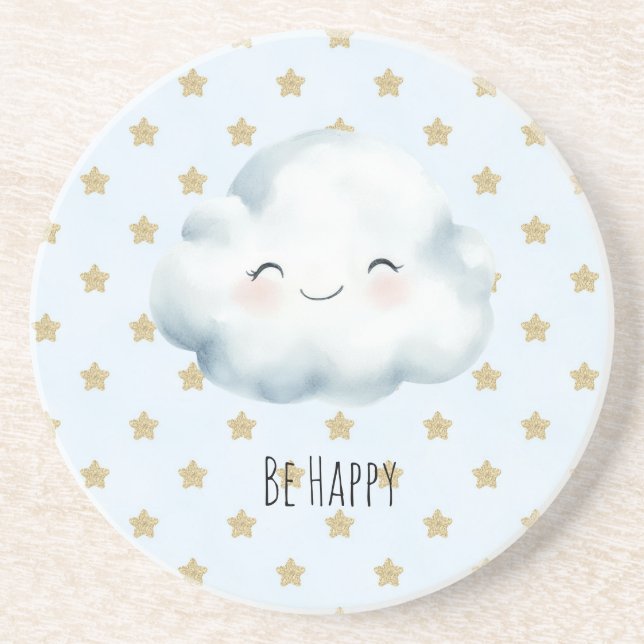 Blue Be Happy Cloud Gold Stars Coaster (Front)