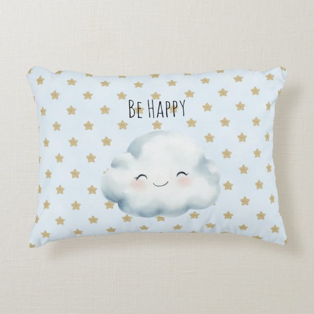 Blue Be Happy Cloud Gold Stars Decorative Cushion (Front)