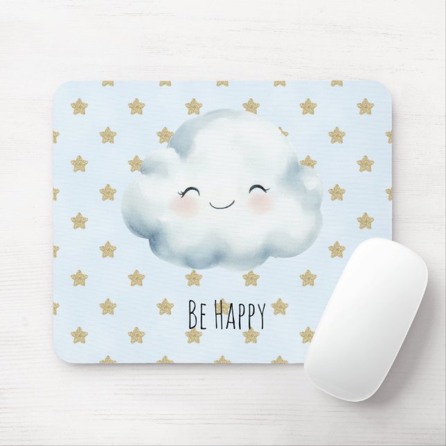 Blue Be Happy Cloud Gold Stars Mouse Mat (With Mouse)