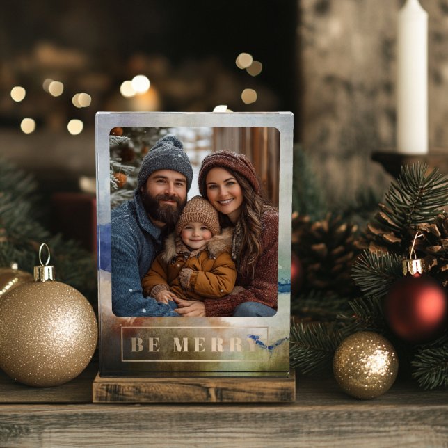 Blue Be Merry Holiday Photo Block (Be Merry Watercolor Photo Block)