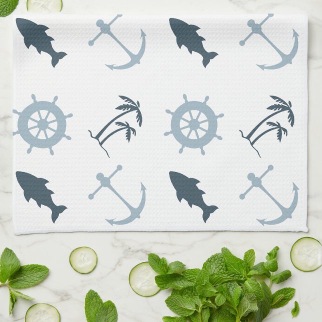 Blue Beach Anchors Palm Trees Tea Towel (Folded)