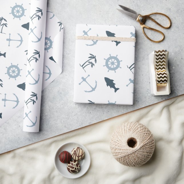 Blue Beach Anchors Palm Trees Wrapping Paper (Crafts)