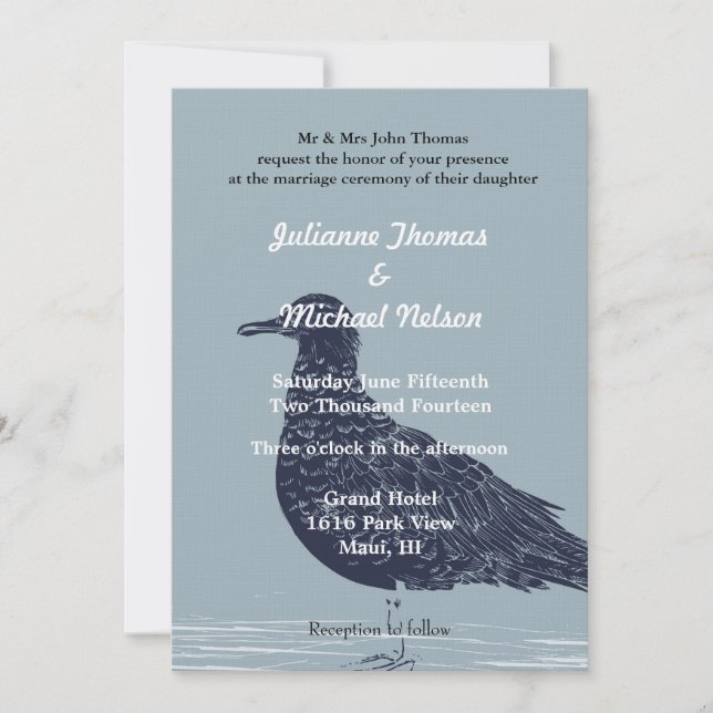 Blue Beach Bird Wedding Invitation (Front)