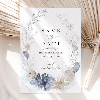 Blue Beach Coastal Seashell Wedding Save The Date