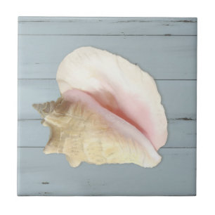 Blue Beach Conch Seashell Coastal Shell Wood Tile