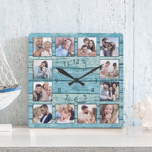Blue Beach Driftwood Planks Rustic Nautical Square Wall Clock