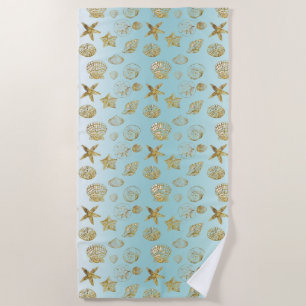 Blue Beach Gold Sea Shells Beach Towel