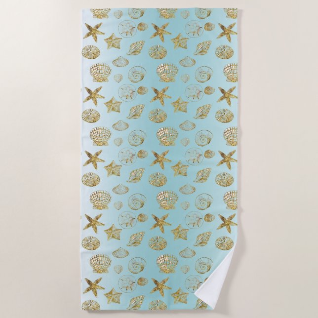 Blue Beach Gold Sea Shells Beach Towel (Front)