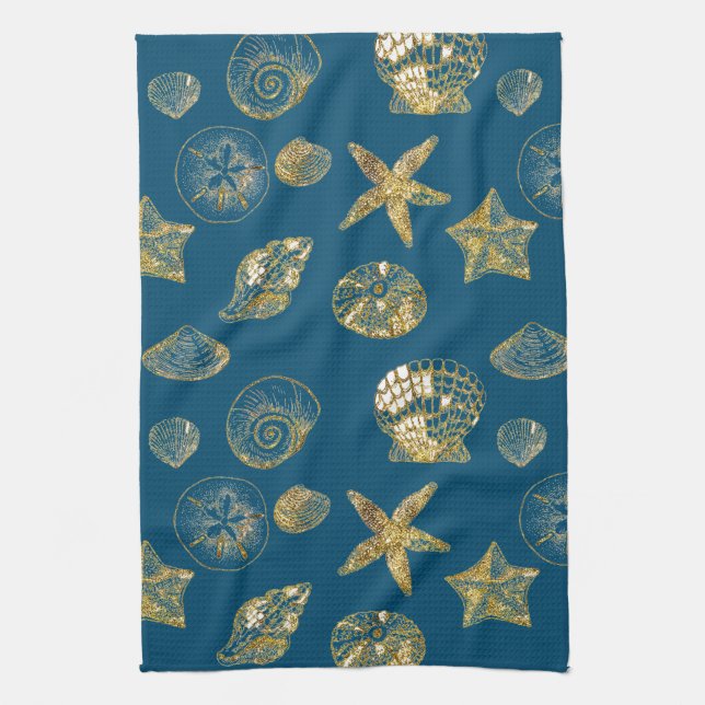 Blue Beach Gold Sea Shells Tea Towel (Vertical)