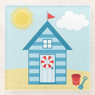 Blue Beach Hut Glass Coaster