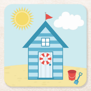 Blue Beach Hut Square Paper Coaster