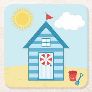 Blue Beach Hut Square Paper Coaster