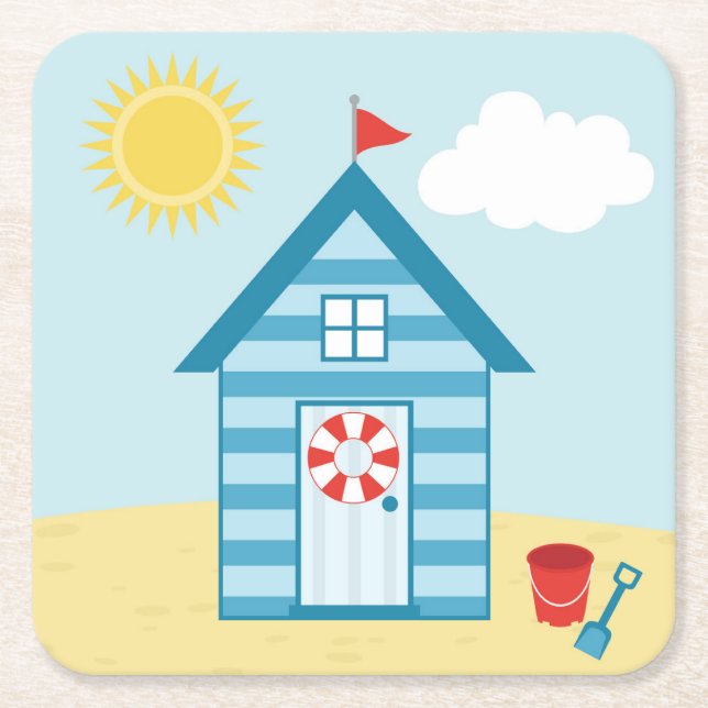 Blue Beach Hut Square Paper Coaster (Front)