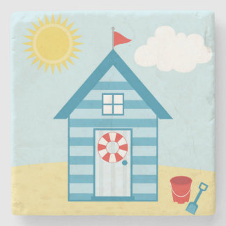 Blue Beach Hut Stone Coaster