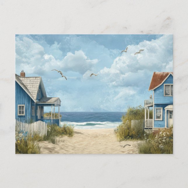 Blue Beach Huts Coastal Art Postcard  (Front)