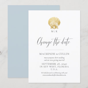 Blue Beach Monogram Wedding Change the Date Invitation