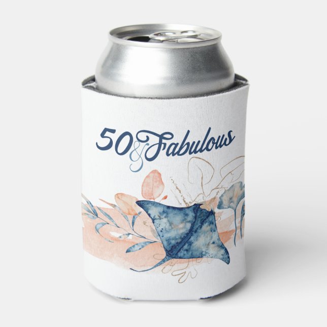 Blue beach ocean sea fifty and fabulous birthday can cooler (Can Front)