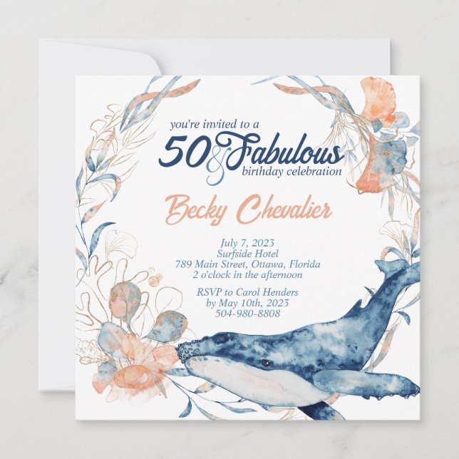 Blue beach ocean sea fifty and fabulous birthday invitation (Front)