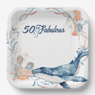 Blue beach ocean sea fifty and fabulous birthday paper plate