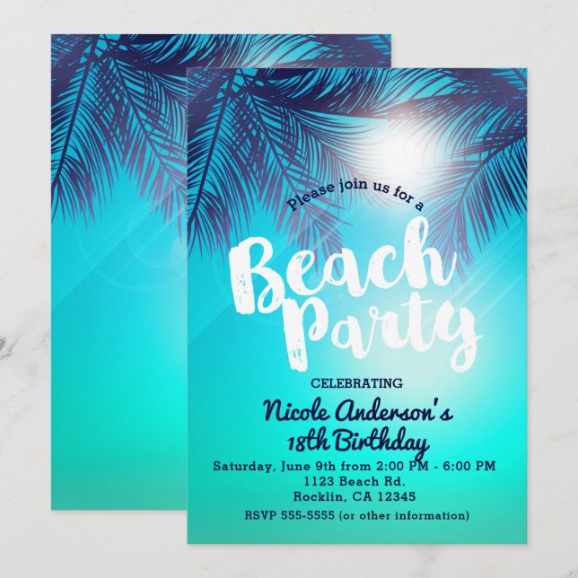 Blue BEACH PARTY Sunny Palm Trees Summer Birthday Invitation (Front/Back)