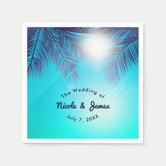 Blue BEACH PARTY Sunny Palm Trees Summer Birthday Napkin (Front)