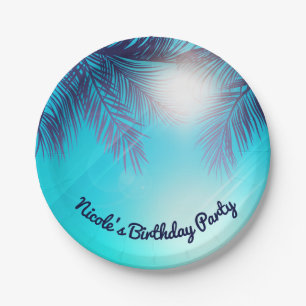 Blue BEACH PARTY Sunny Palm Trees Summer Birthday Paper Plate
