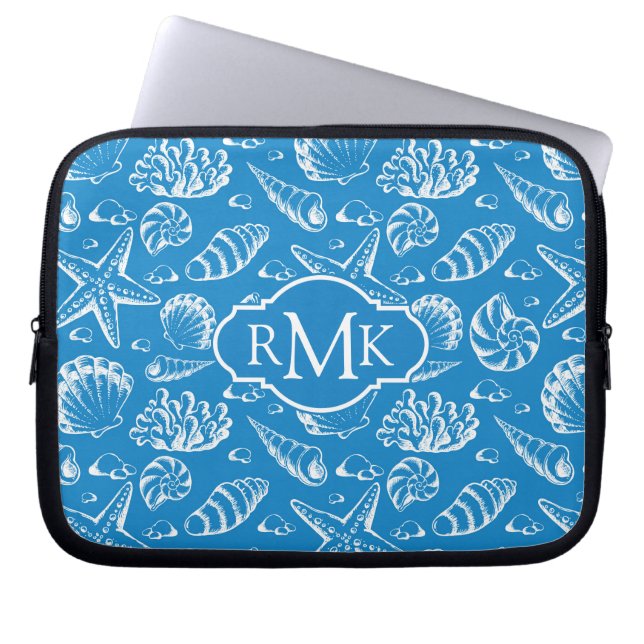 Blue Beach Pattern | Monogram Laptop Sleeve (Front)