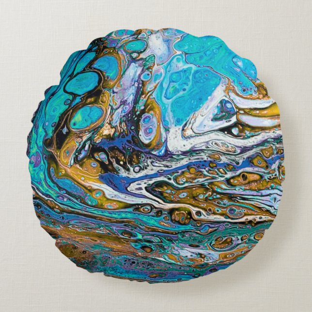 Blue Beach, River water and stones abstract art  Round Cushion (Front)