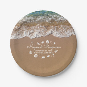 Blue Beach Sea waves and Ocean Treasures Wedding Paper Plate