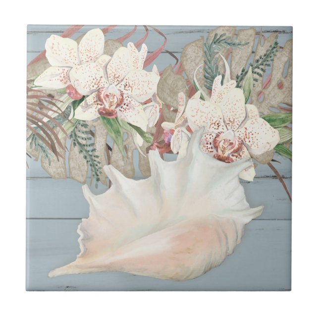 Blue Beach Seashell Conch Tropical Orchid Floral Tile (Front)