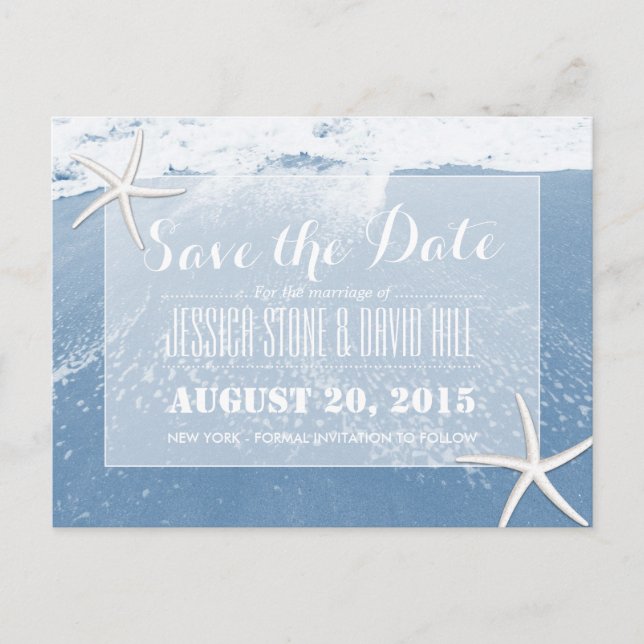 Blue Beach & Starfish Save the Date Announcement Postcard (Front)