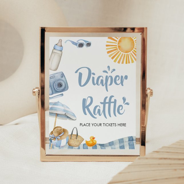Blue Beach Summer Baby Shower Diaper Raffle Poster (Boy Splish Splash Baby Shower Diaper Raffle Sign)
