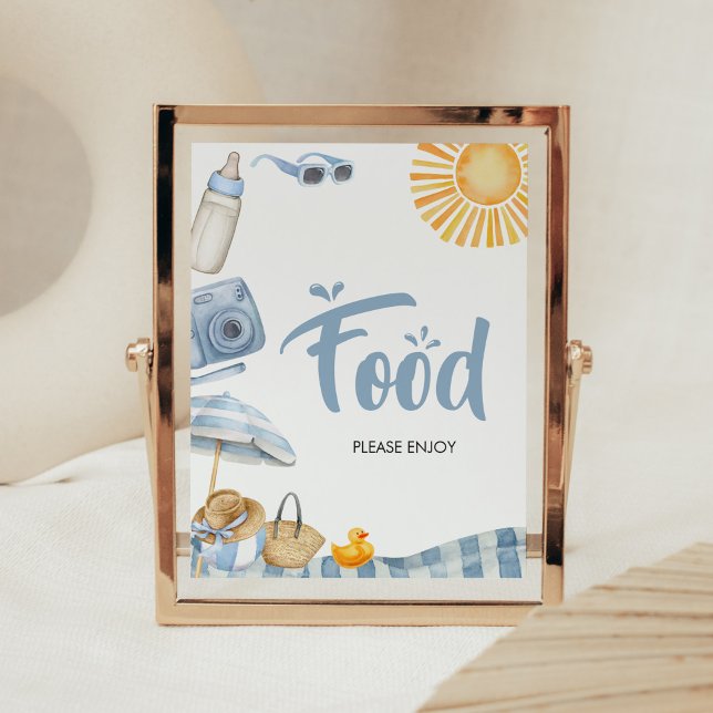 Blue Beach Summer Baby Shower Food Poster (Boy Splish Splash Baby Shower Food Sign)