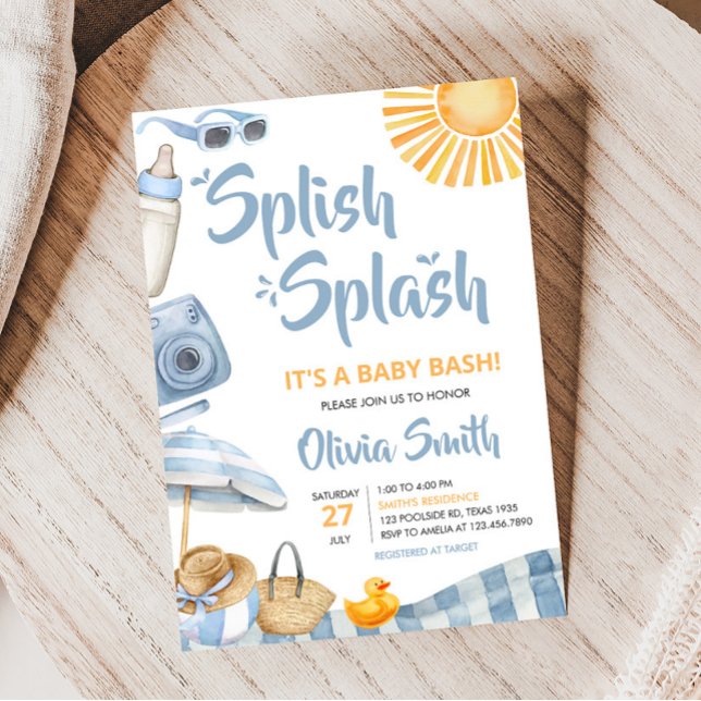 Blue Beach Summer Baby Shower Invitation (Boy Splish Splash Baby Shower Invitation)