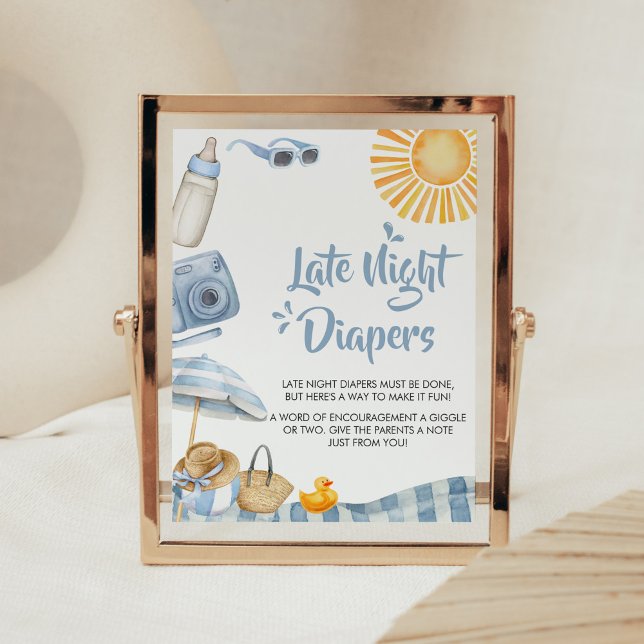 Blue Beach Summer Baby Shower Late Night Diapers Poster (Boy Splish Splash Baby Shower Late Night Diapers Sign)