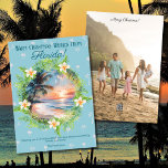 Blue Beach Watercolor Florida Photo Christmas Card<br><div class="desc">Send warm holiday greetings with this Florida-themed Christmas card, showcasing a stunning watercolor scene of a beachside sunrise. The ocean view captures the beauty of Florida’s coast, with palm trees swaying in the breeze and a bird flying against the morning sky. A tropical wreath made of palm fronds, accented with...</div>
