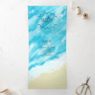 Blue Beach Waves and Sand Bokeh Lights Tri-Fold Invitation