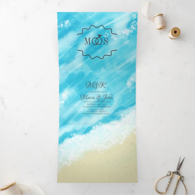 Blue Beach Waves and Sand Bokeh Lights Tri-Fold Invitation (Inside)