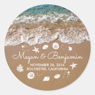 Blue Beach Waves and Sand Romantic Summer Wedding Classic Round Sticker