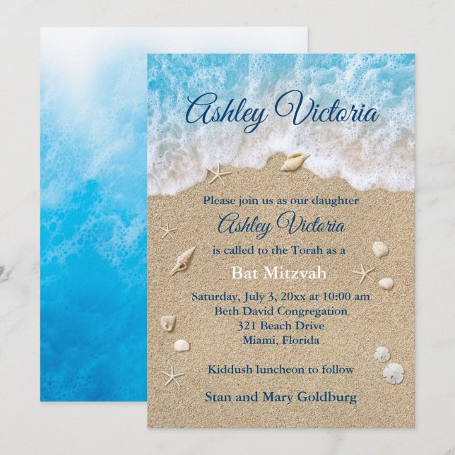 Blue Beach Waves Bat Mitzvah Invitation (Front/Back)