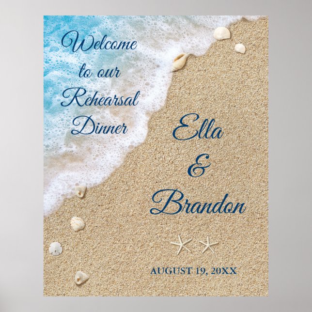 Blue Beach Waves Rehearsal Dinner Poster (Front)