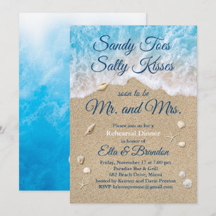 Blue Beach Waves Sandy Toes Rehearsal Dinner Invitation