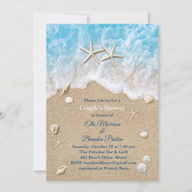 Blue Beach Waves & Starfish Couple's Shower Invitation (Front)
