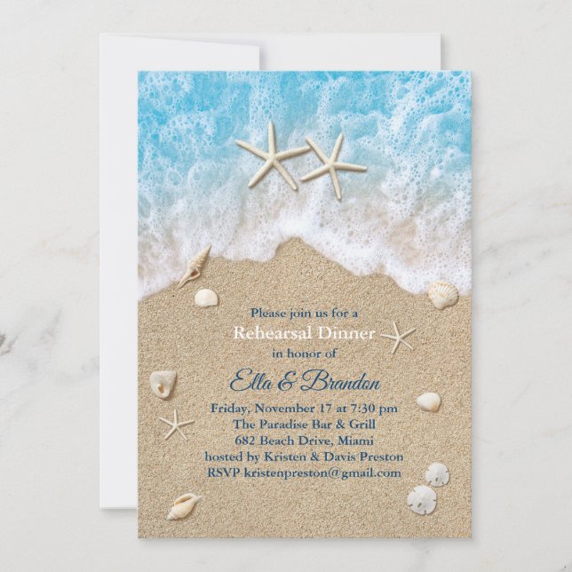 Blue Beach Waves & Starfish Rehearsal Dinner Invitation (Front)