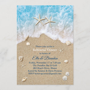 Blue Beach Waves & Starfish Rehearsal Dinner Invitation