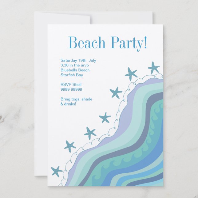 Blue Beach Waves Starfish Summer Party Invitation (Front)