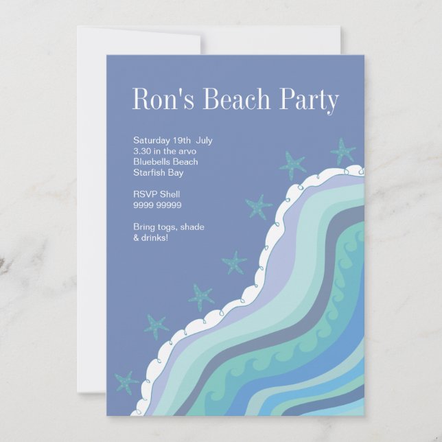 Blue Beach Waves Starfish Summer Party Invitation (Front)