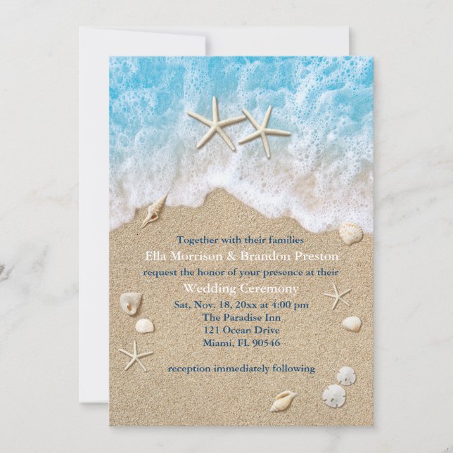 Blue Beach Waves & Starfish Wedding Invitation (Front)