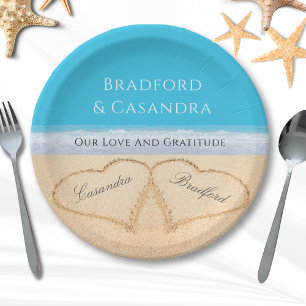  Blue Beach Wedding 2 Hearts in the Sand   Paper P Plate